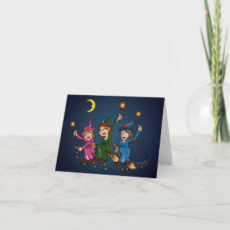 Cheerful illustration of 3 witches on their broom card