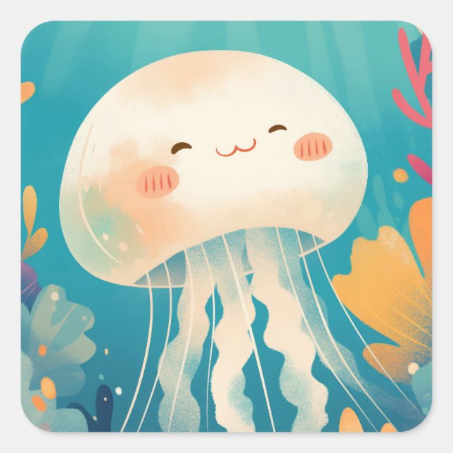 Cheerful Jellyfish Floating Through Colourful Reef Square Sticker (Front)