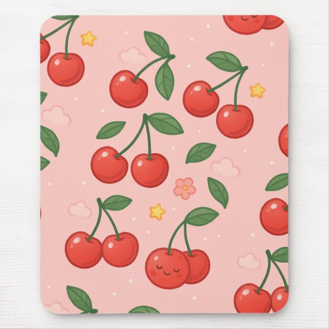 Cheerful Kawaii Cherry Pattern Illustration Mouse Pad (Front)