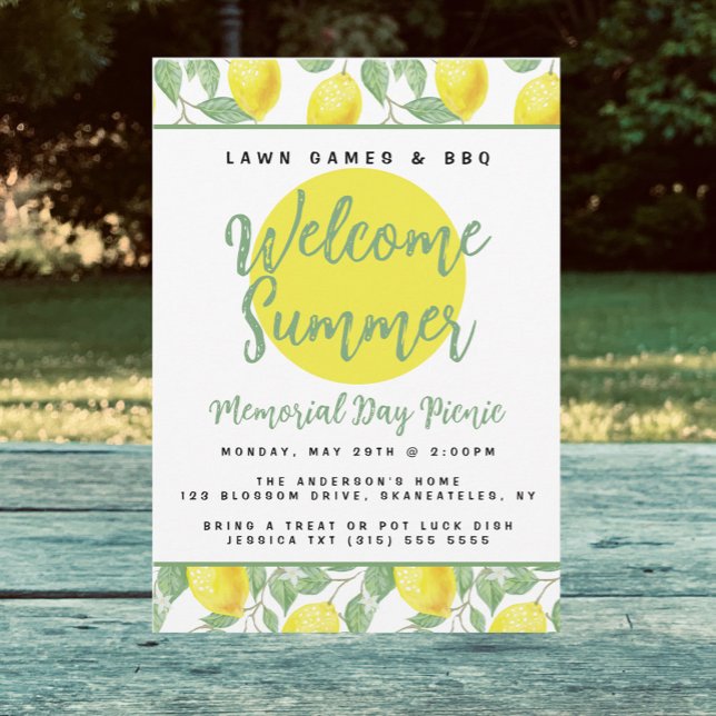 Cheerful Lemon Pattern Yellow Green Lawn Party BBQ Invitation (Creator Uploaded)