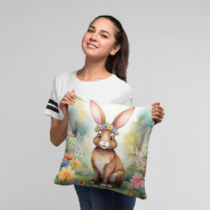 Cheerful little brown bunny 1, Easter Throw Pillow