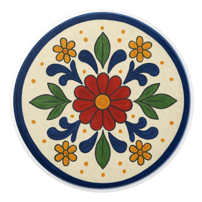 Cheerful Mexican Talavera Folk Floral Ceramic Knob (Front)