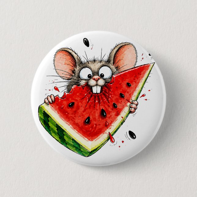 Cheerful mouse eats watermelon 2 inch round button (Front)