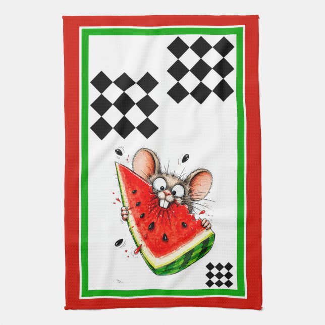 Cheerful mouse eats watermelon kitchen towel (Vertical)