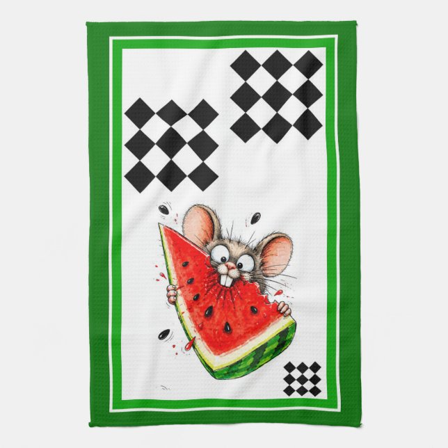 Cheerful mouse eats watermelon kitchen towel (Vertical)