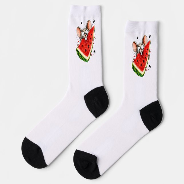 Cheerful mouse eats watermelon socks (Left)