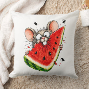 Cheerful mouse eats watermelon throw pillow