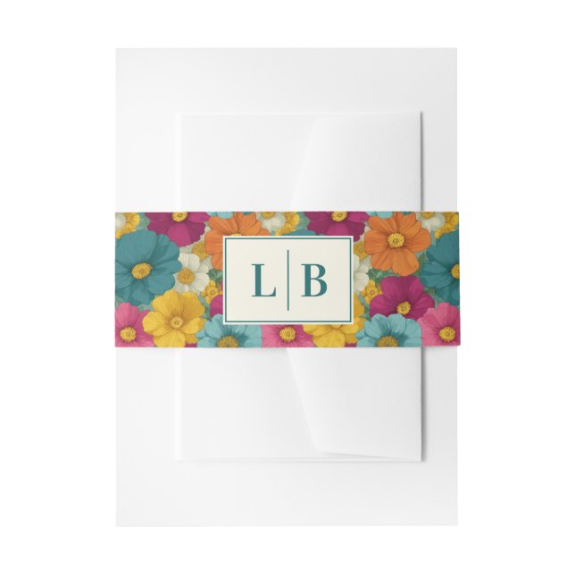 Cheerful Multicolor Floral Initials Invitation Belly Band (Front Example)