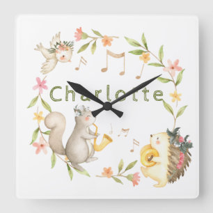 Cheerful Musical Baby Woodland Animal  Square Wall Clock