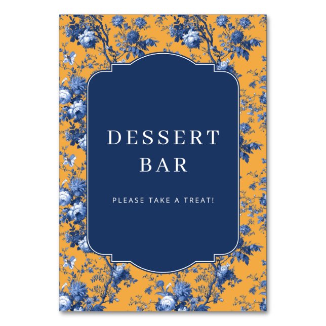 Cheerful Mustard Blue Floral Toile Table Number (Front)