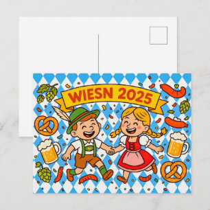 Cheerful Oktoberfest Couple with Pretzels and Beer Holiday Postcard