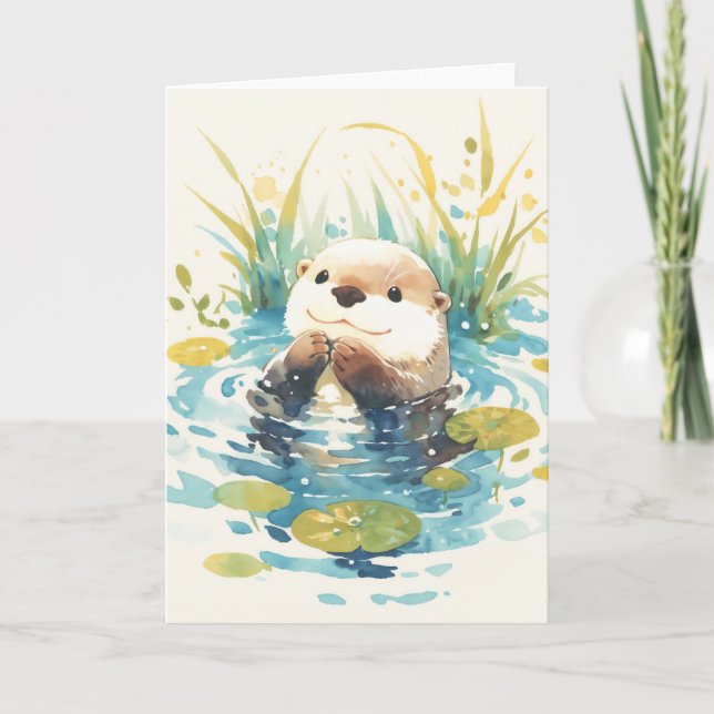 Cheerful Otter Among Lily Pads Card (Front)