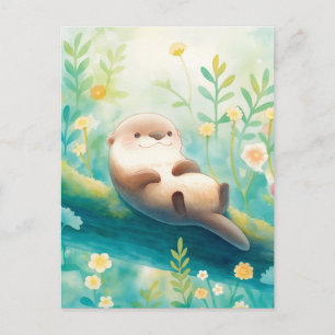Cheerful Otter on Mossy River Log Postcard