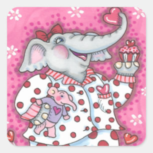 CHEERFUL PACHYDERM IN PINK PAJAMAS, HEART CUPCAKE SQUARE STICKER