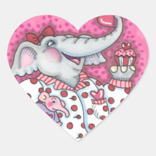 CHEERFUL PACHYDERM IN PINK PAJAMAS, HEART CUPCAKE STICKER