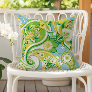 Cheerful Paisley Floral Green Yellow Blue Outdoor Pillow