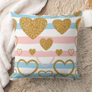 Cheerful Pastel Heart Stripe with Gold Details Throw Pillow