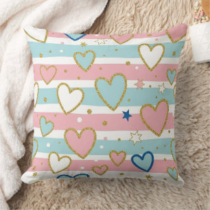 Cheerful Pastel Hearts with Metallic Gold Details Throw Pillow