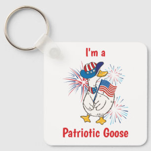 Cheerful Patriotic Goose With Flag And Fireworks Keychain