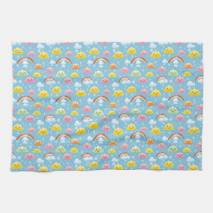 Cheerful Pattern with Smiling Clouds and Rainbow Kitchen Towel