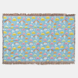 Cheerful Pattern with Smiling Clouds and Rainbow Throw Blanket