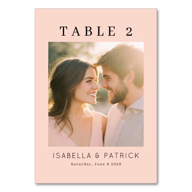 Cheerful Peach Minimalist Photo Table Number (Front)