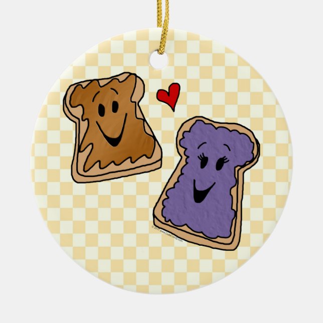 Cheerful Peanut Butter and Jelly Cartoon Friends Ceramic Ornament (Front)