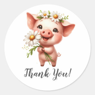 Cheerful Pig Holding Flower Thank You Classic Round Sticker