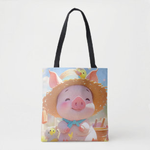 Cheerful Piglet with a Hat Tote Bag