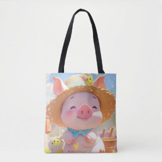Cheerful Piglet with a Hat Tote Bag