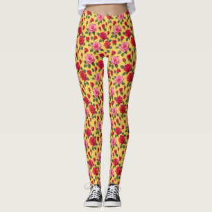 Cheerful Pink And Red Roses On A Sunny Yellow Leggings