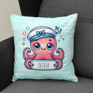 Cheerful Pink Octopus Holding Name Sign Throw Pillow