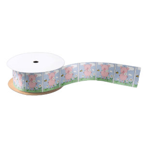 Cheerful Pink Pig Cartoon Satin Ribbon