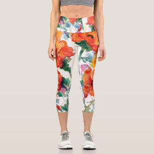 Cheerful Poppies Red Three Long Stemmed Art Capri Leggings
