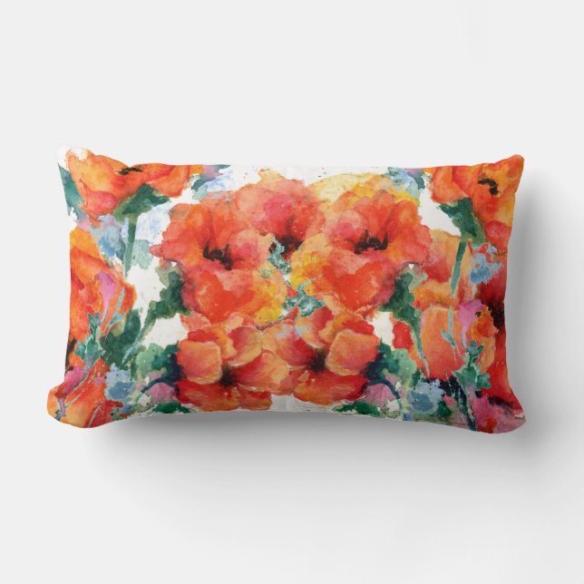 Cheerful Poppies Red Three Long Stemmed Art Lumbar Pillow (Front)