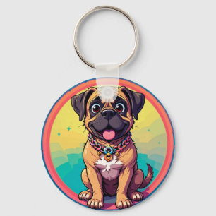 Cheerful Pug Colourful Cartoon Illustration Keychain