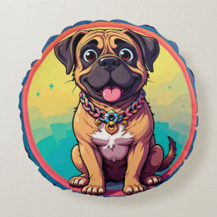 Cheerful Pug Colourful Cartoon Illustration Round Pillow