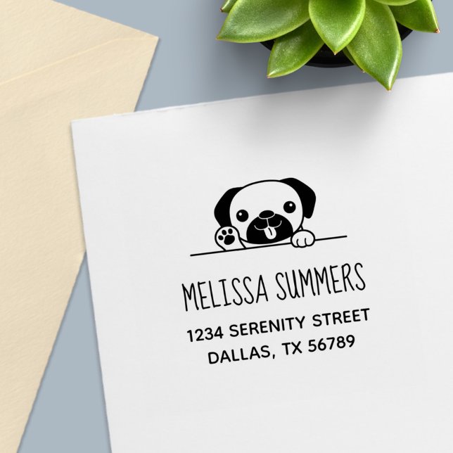 Cheerful Pug Dog Peeking above Address Self-inking Stamp (Creator Uploaded)