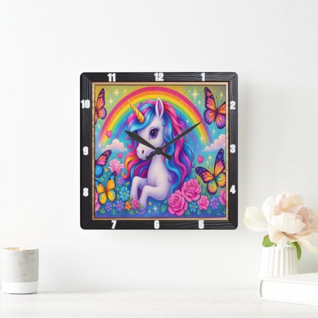  Cheerful Rainbow Unicorn Flower Square Wall Clock (Home)