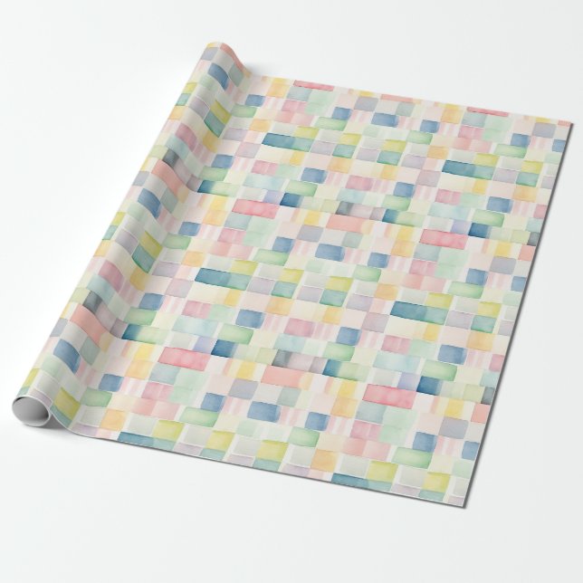 Cheerful Rainbow Watercolor Blocks for Celebration Wrapping Paper (Unrolled)