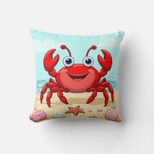 Cheerful Red Cartoon Crab Cute Seashell Kids🦀 Throw Pillow