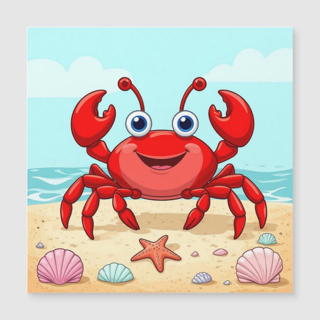 Cheerful Red Cartoon Crab on a Beach with Seashell (Front)