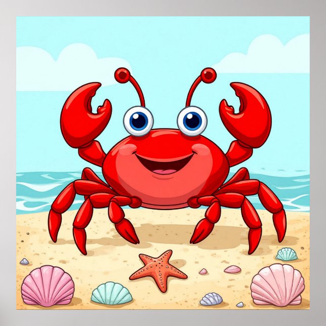 Cheerful Red Cartoon Crab on a Beach with Seashell Poster (Front)