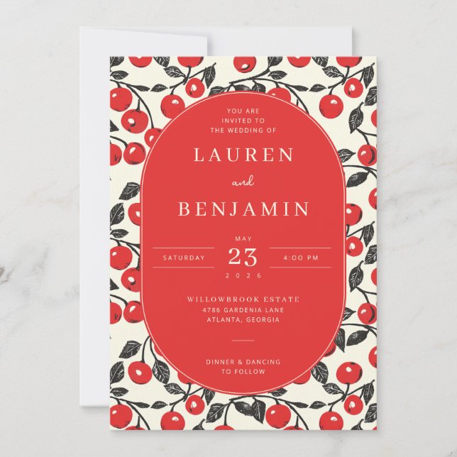 Cheerful Red Cherry Illustration Border Invitation (Front)
