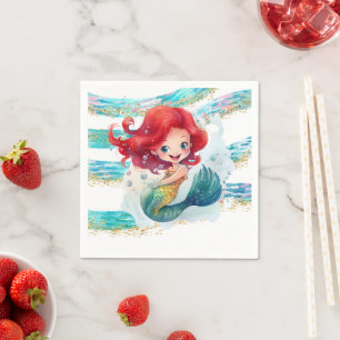 Cheerful Red-Haired Mermaid Striped Party Napkin