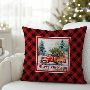 Cheerful red truck Christmas scene rustic bold Throw Pillow