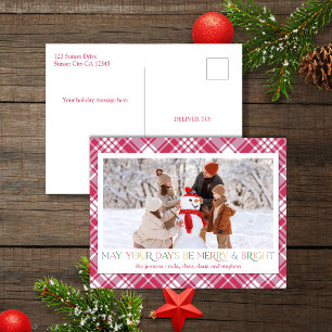 Cheerful Red White Christmas Plaid Photo Holiday Postcard