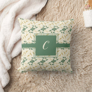 Cheerful Regal Floral Ivory Monogram Throw Pillow