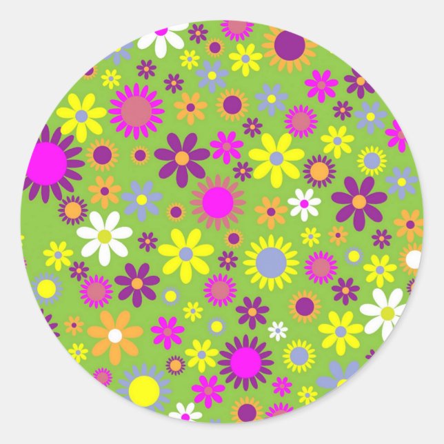 Cheerful Retro Flower Power Floral Designer Classic Round Sticker (Front)