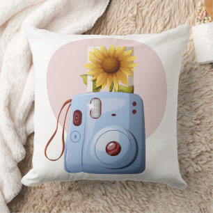 Cheerful Retro Instant Camera with Sunflower Photo Throw Pillow